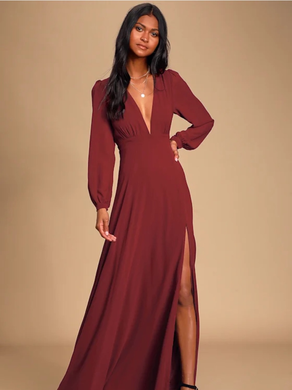 Lulu's Burgundy Long Sleeve Plunge Maxi Dress with Thigh Slit
